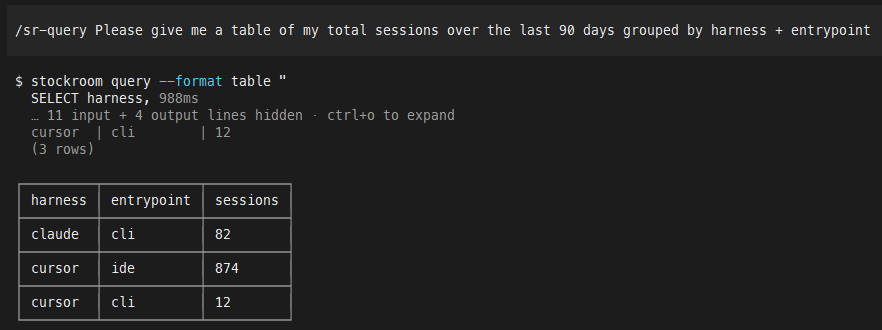 Stockroom agentic query of session metadata